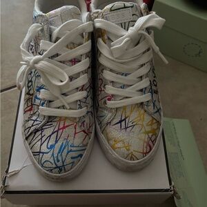 Metallic White Sneakers with Multicolor Graffiti Accents - Designer Style